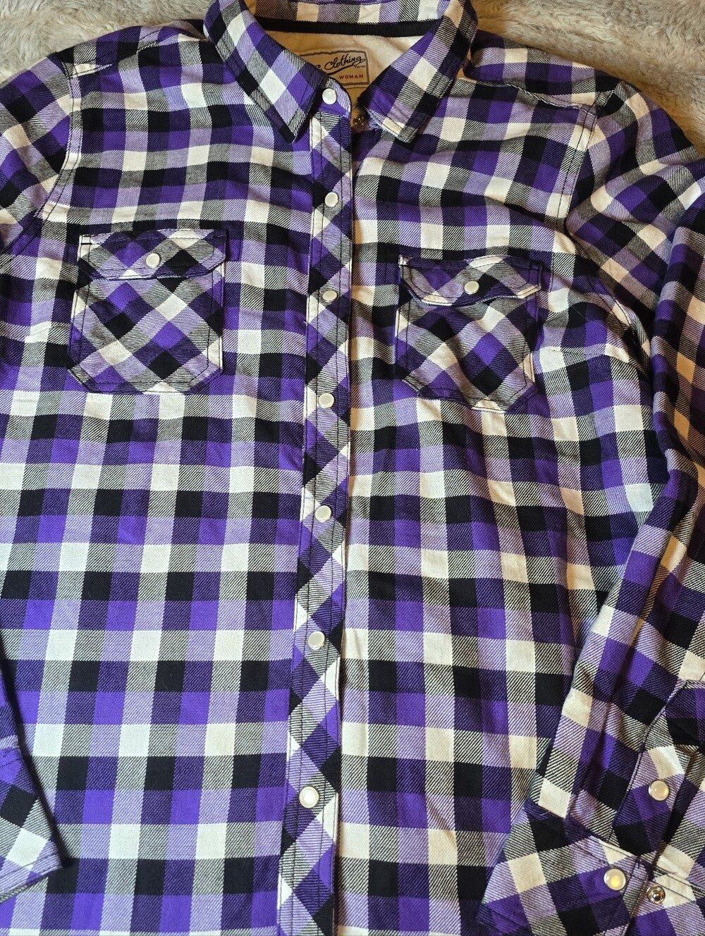 Womens Purple Black White Plaid Button-Down Shirt